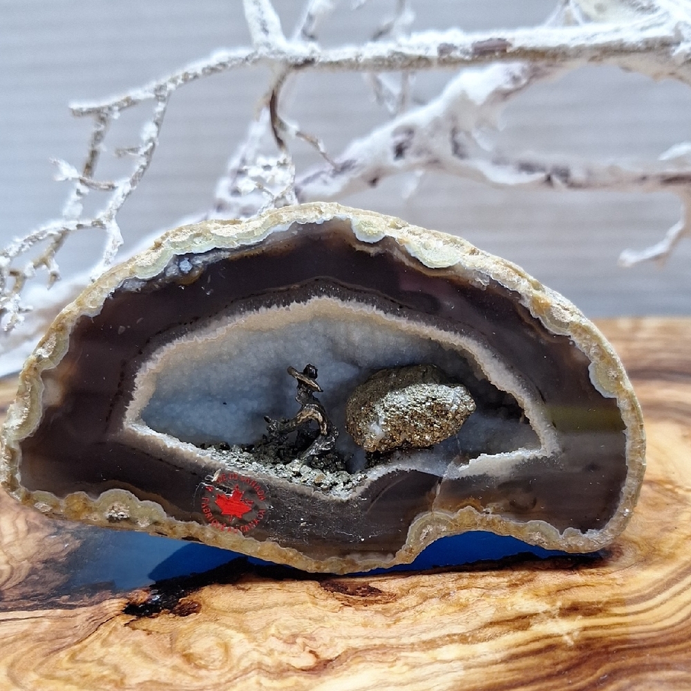 #ACT  Natural Geode Slice with Brown and Gray Tones With A Miner Inside